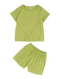 Girl's Green Cotton Stretchy Two-Piece Set